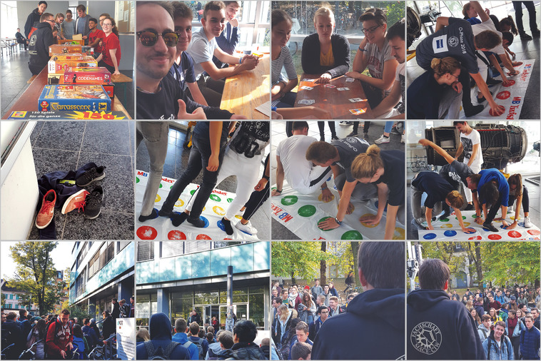 KIT-Fakultät für Maschinenbau/ Yvonne Bliestle Foto-Collage zur Schnitzeljagd und dem Spielefruehstueck der Fachschaft waehrend der O-Phase
