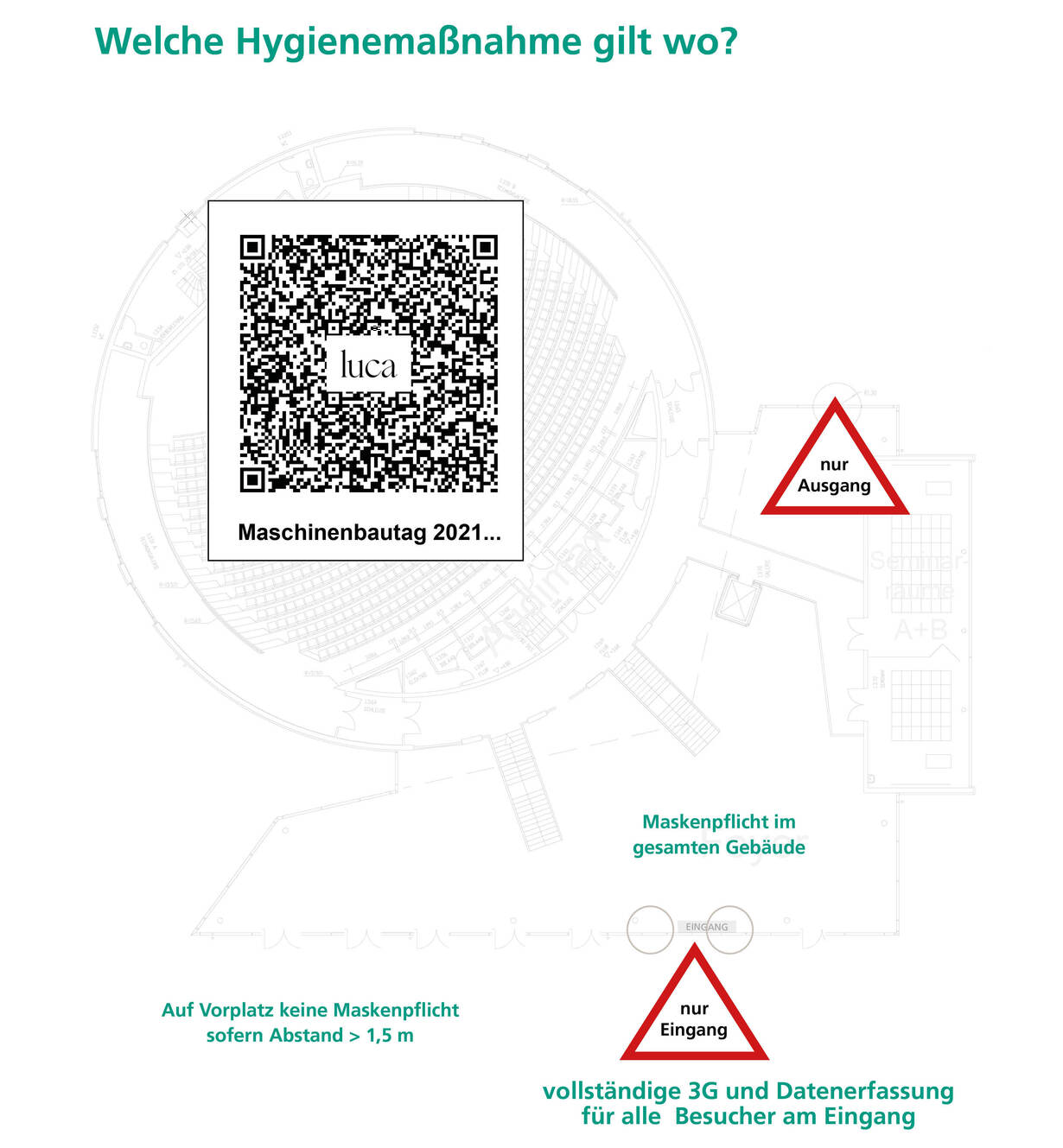 Grafische Überblick über Hygienekonzept im und um das Audimax beim Maschinenbautag 2021