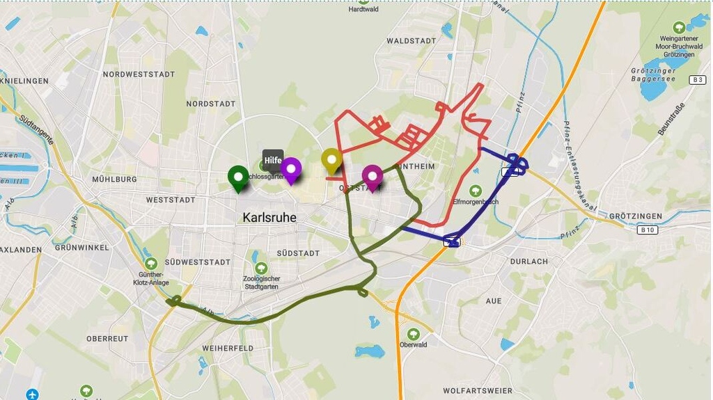 Kartenausschnitt mit einigen Standorten von Reallaboren in und um Karlsruhe