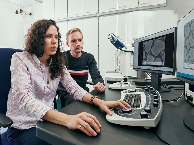 Zwei Personen am Rechner bei der Auswertung einer Materialdarstellung